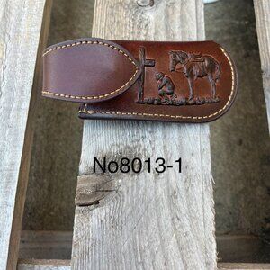 Coffee Brown Leather Praying Cowboy Design Large Knife Sheath with Keep